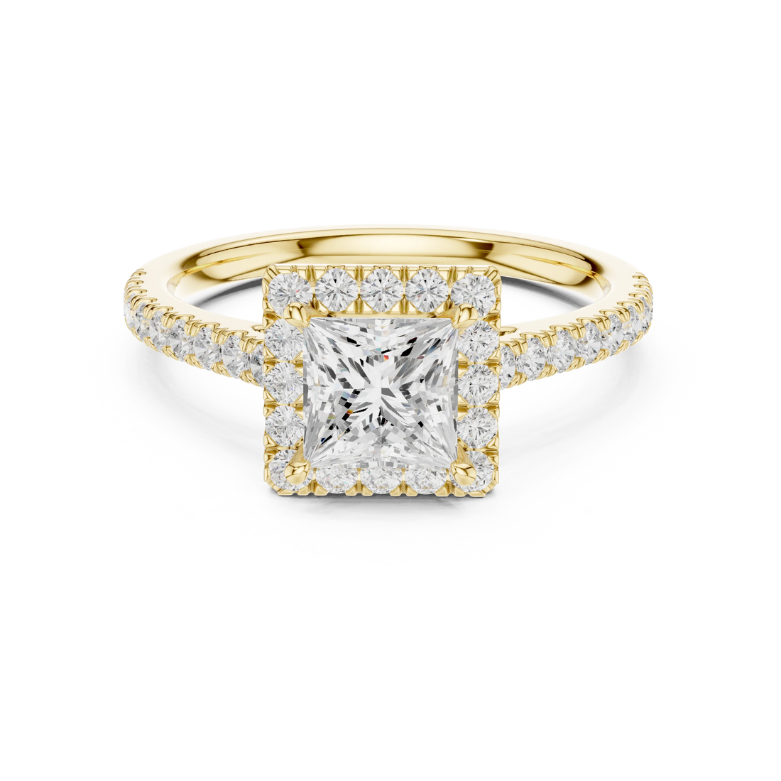 Yellow gold princess-cut halo ring with pavé diamond band and lab-grown center stone