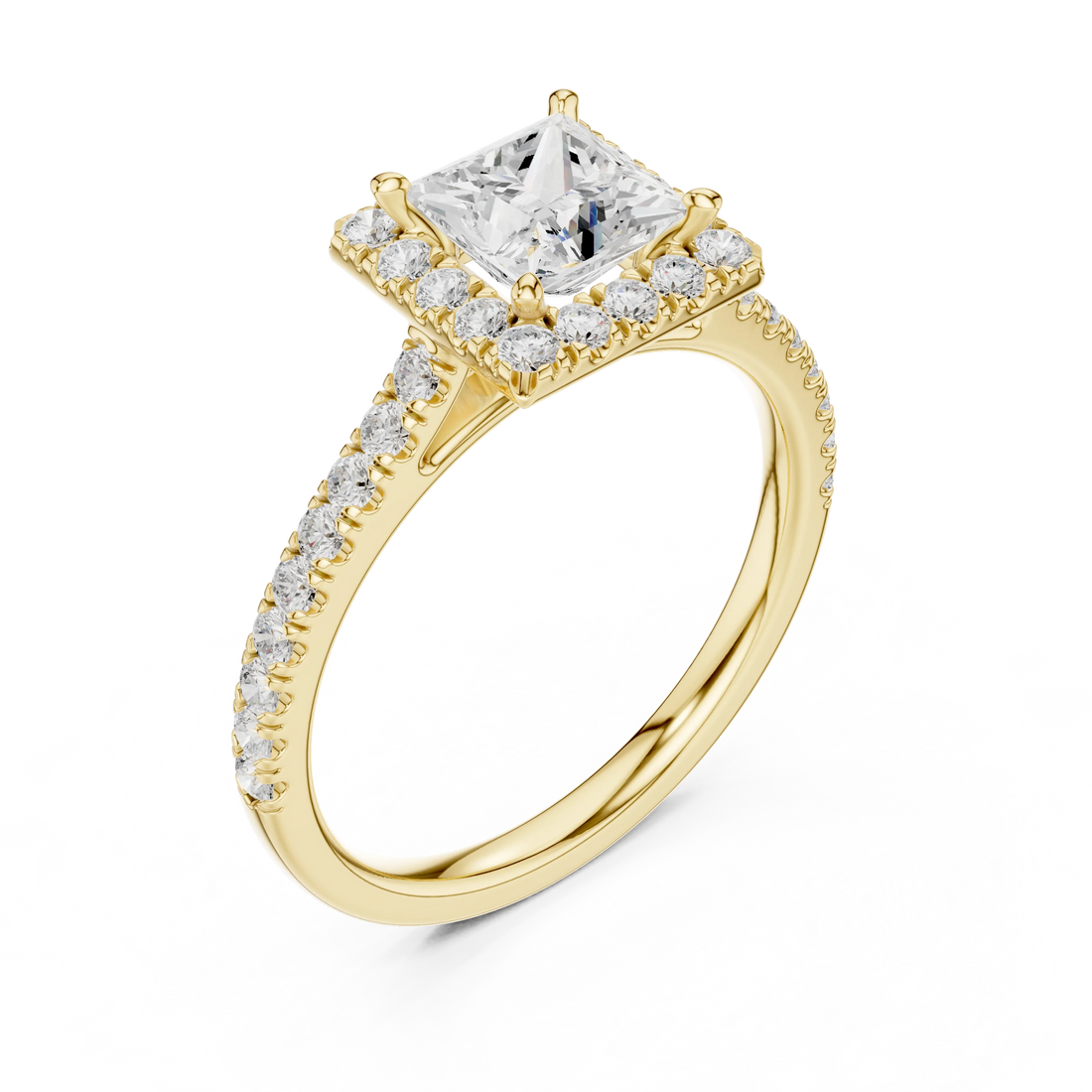 Top Front view of yellow gold princess-cut halo ring with pavé diamond band and lab-grown center stone
