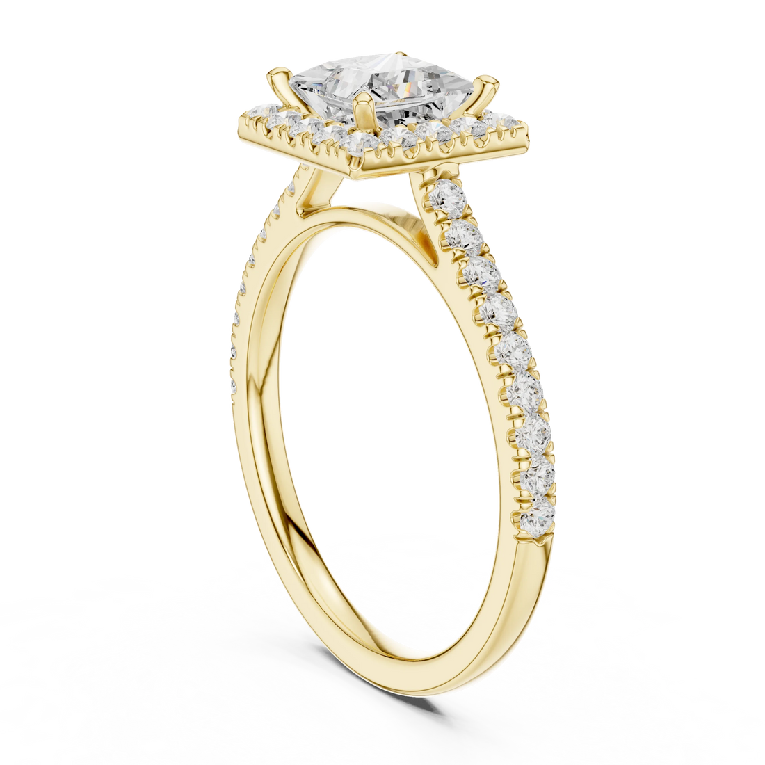 Top view of yellow gold princess-cut halo ring with pavé diamond band and lab-grown center stone
