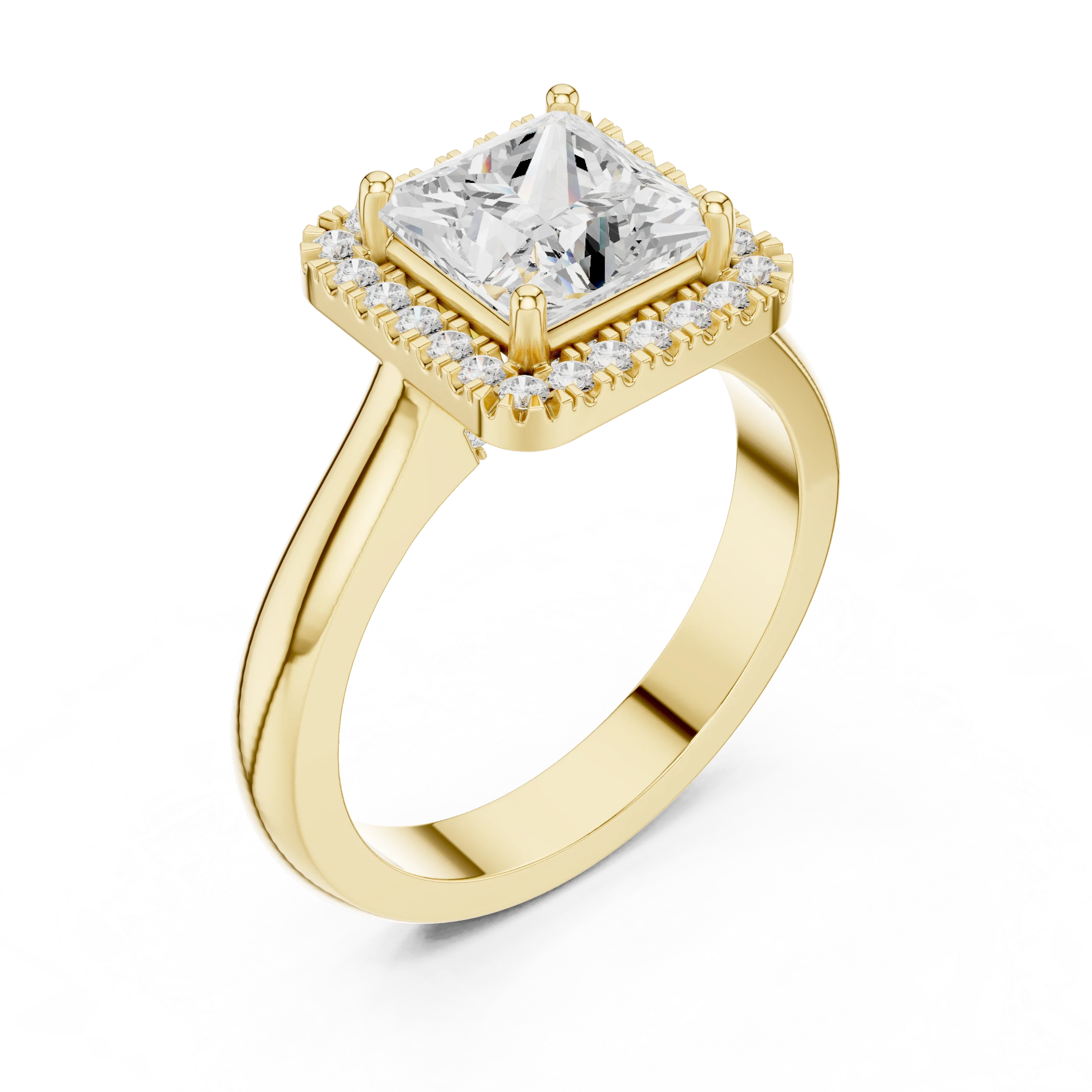 Front view of yellow gold princess halo ring showcasing lab-grown diamond with halo design