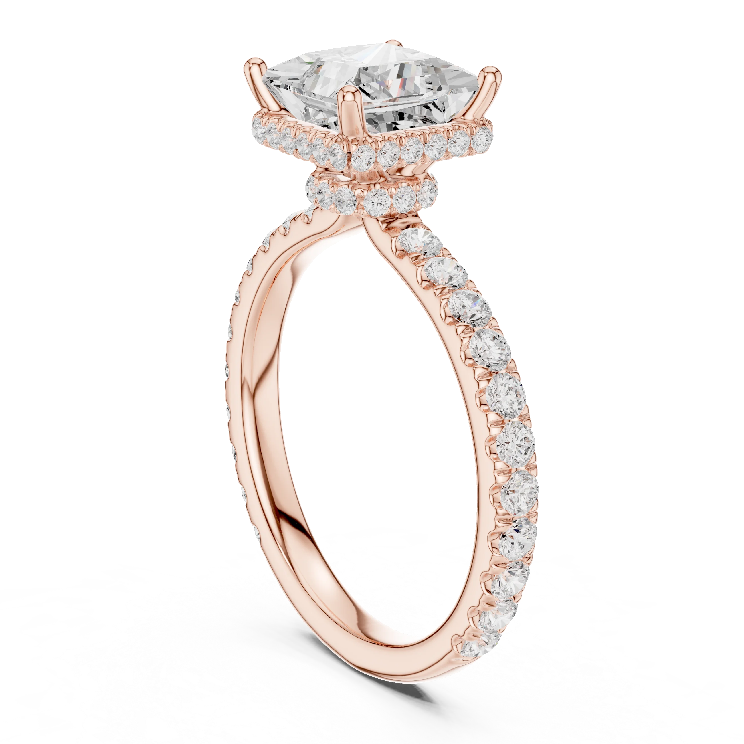 Back view of rose gold princess hidden halo ring with pave diamond band and lab-grown diamond – Australia