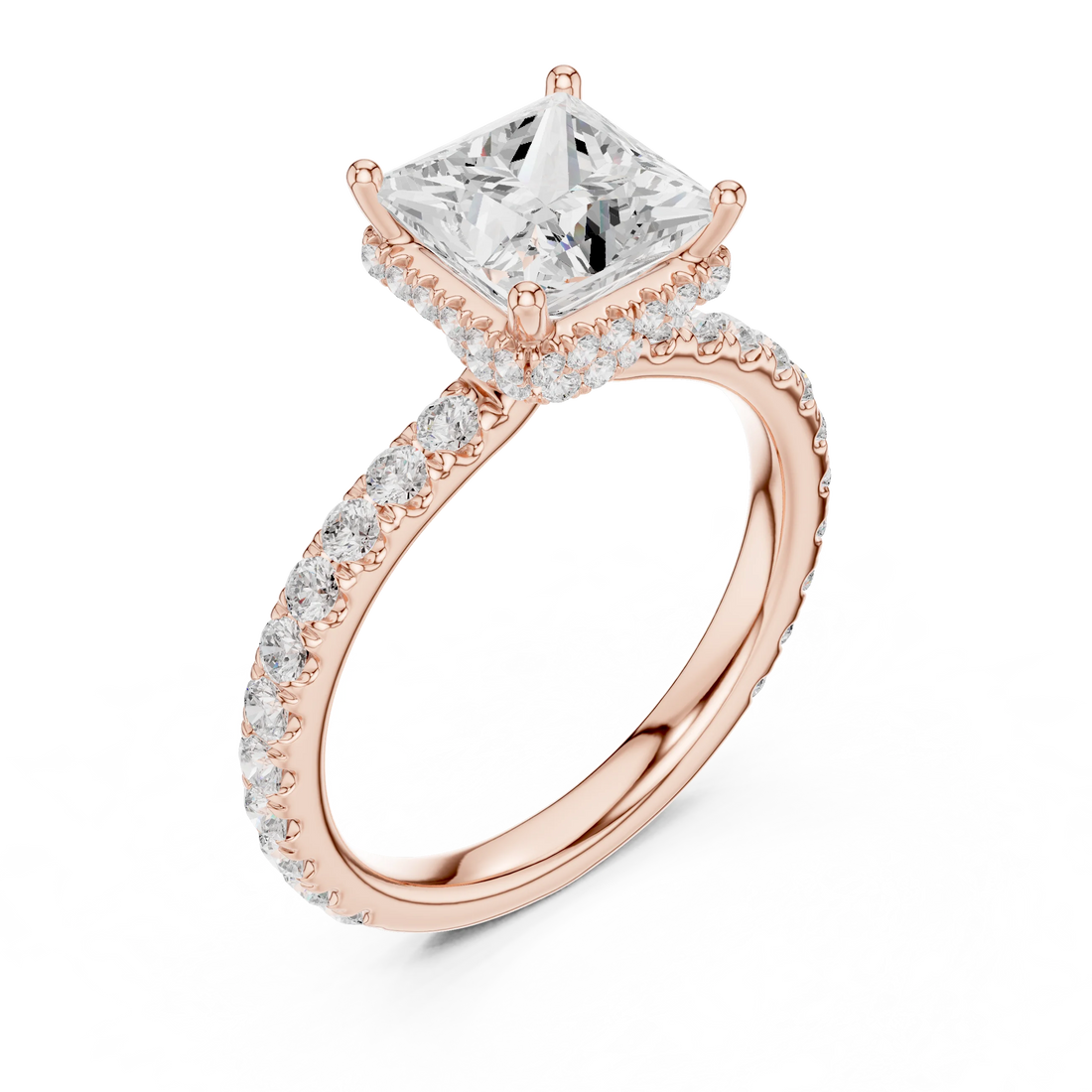 Front view of rose gold princess hidden halo ring with pave diamond band and lab-grown diamond – Australia