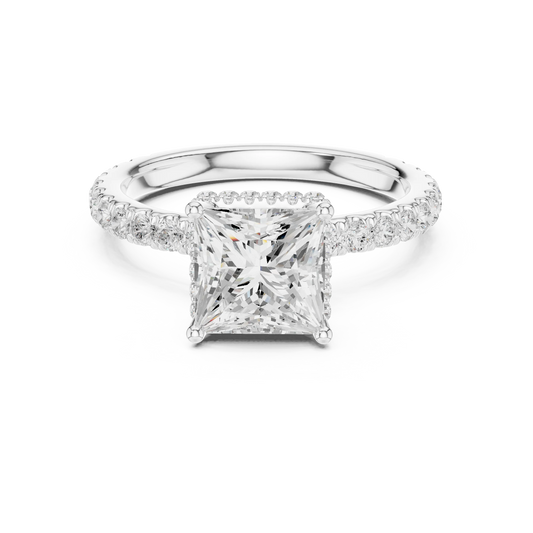 Princess hidden halo ring in white gold with pave diamond band and lab-grown diamond – Australia