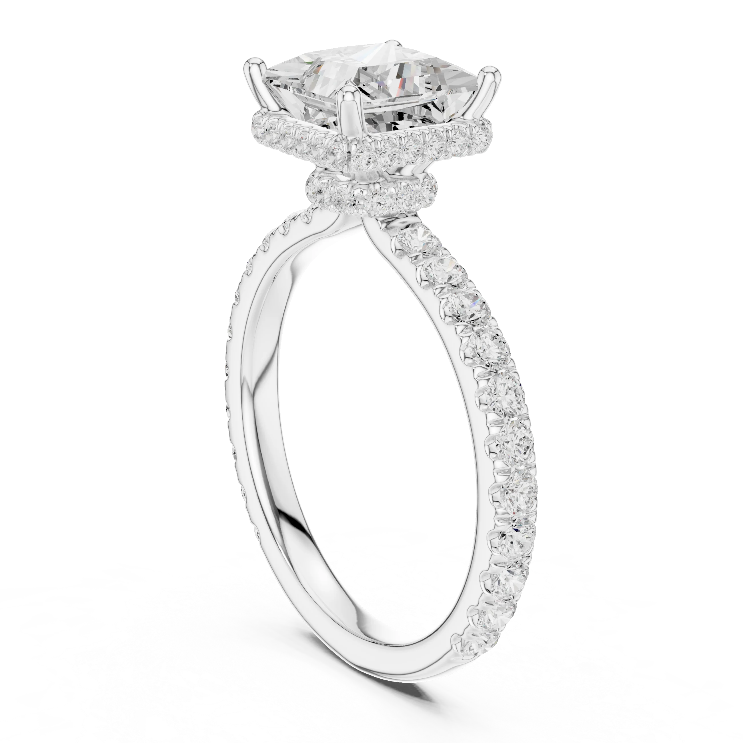 Back view of white gold princess hidden halo ring with pave diamond band and lab-grown diamond – Australia