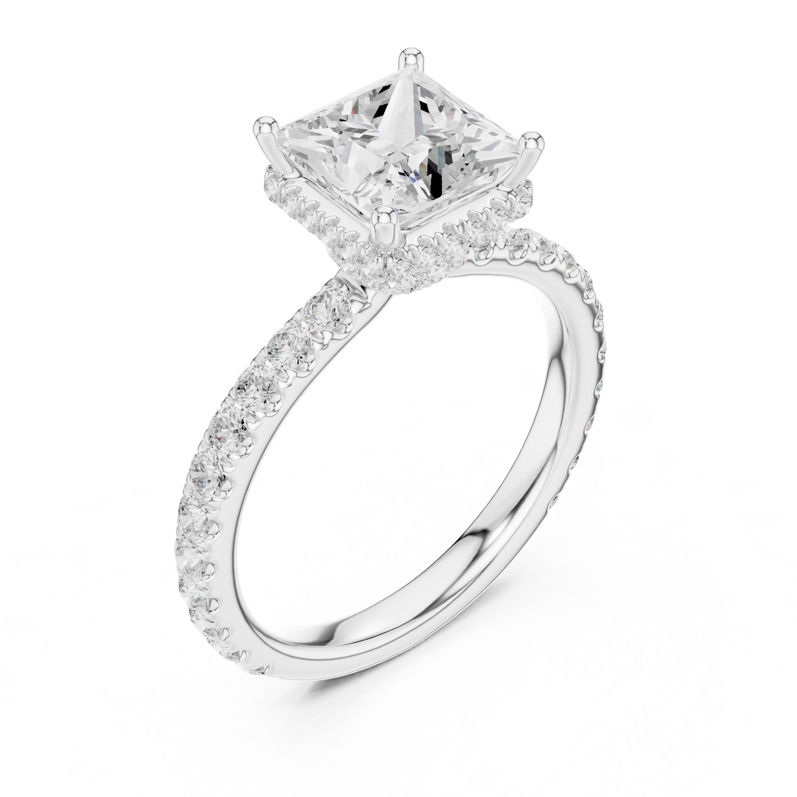 Front view of white gold princess hidden halo ring with pave diamond band and lab-grown diamond – Australia