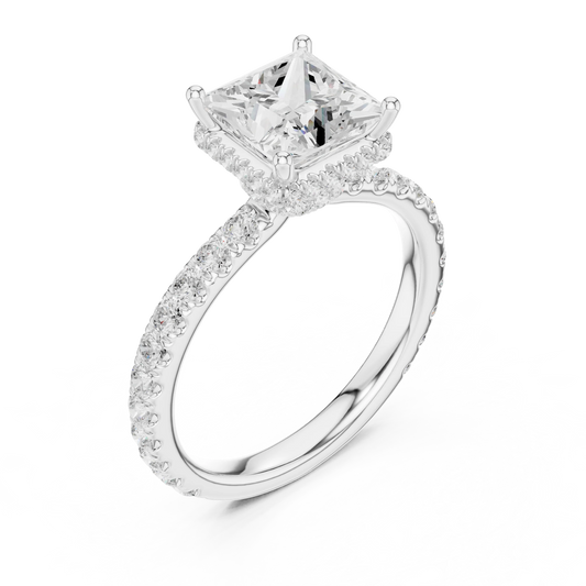 Front view of white gold princess hidden halo ring with pave diamond band and lab-grown diamond – Australia