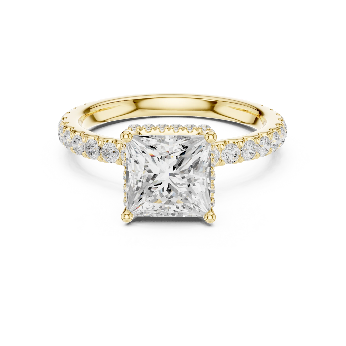 Princess hidden halo ring in yellow gold with pave diamond band and lab-grown diamond – Australia
