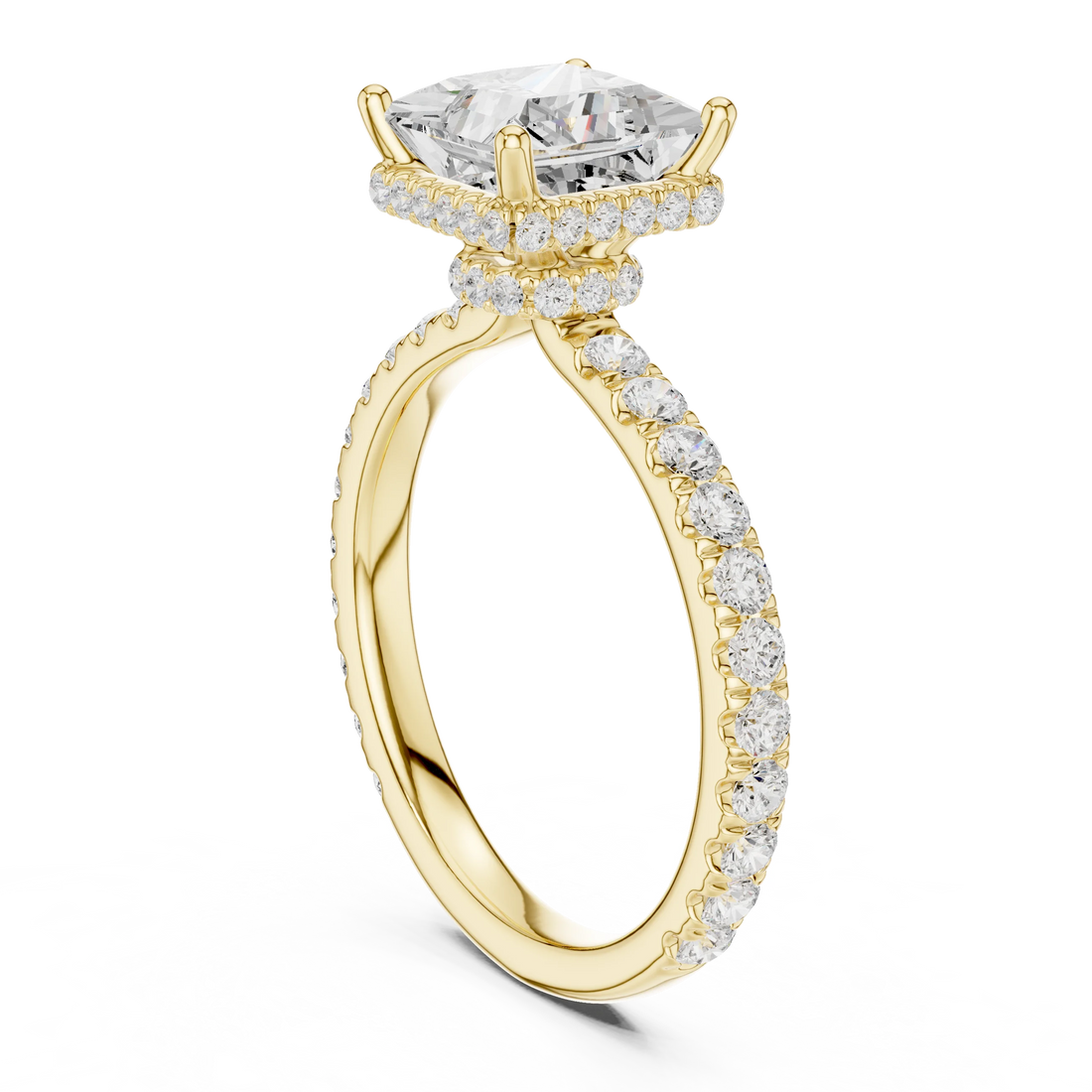 Back view of yellow gold princess hidden halo ring with pave diamond band and lab-grown diamond – Australia