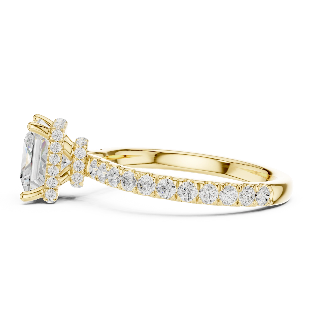 Side view of yellow gold princess hidden halo ring with pave diamond band and lab-grown diamond – Australia