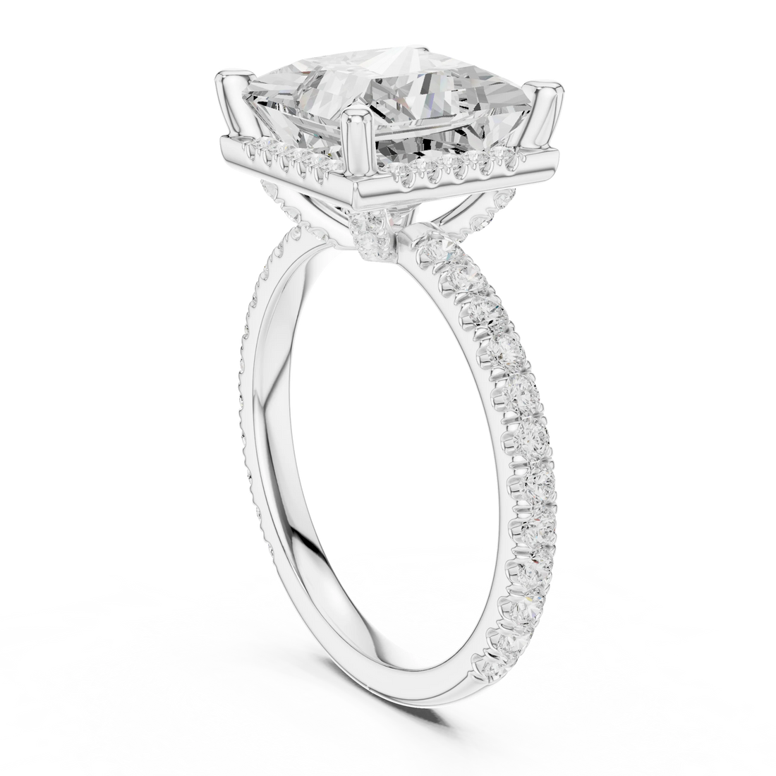 Back view of white gold princess cut micro halo ring showing pavé diamond band and halo setting details