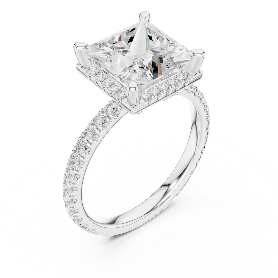Front view of white gold princess cut micro halo ring with pavé diamond band and lab-created diamond