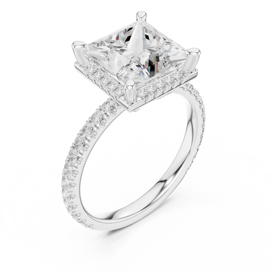 Front view of white gold princess cut micro halo ring with pavé diamond band and lab-created diamond