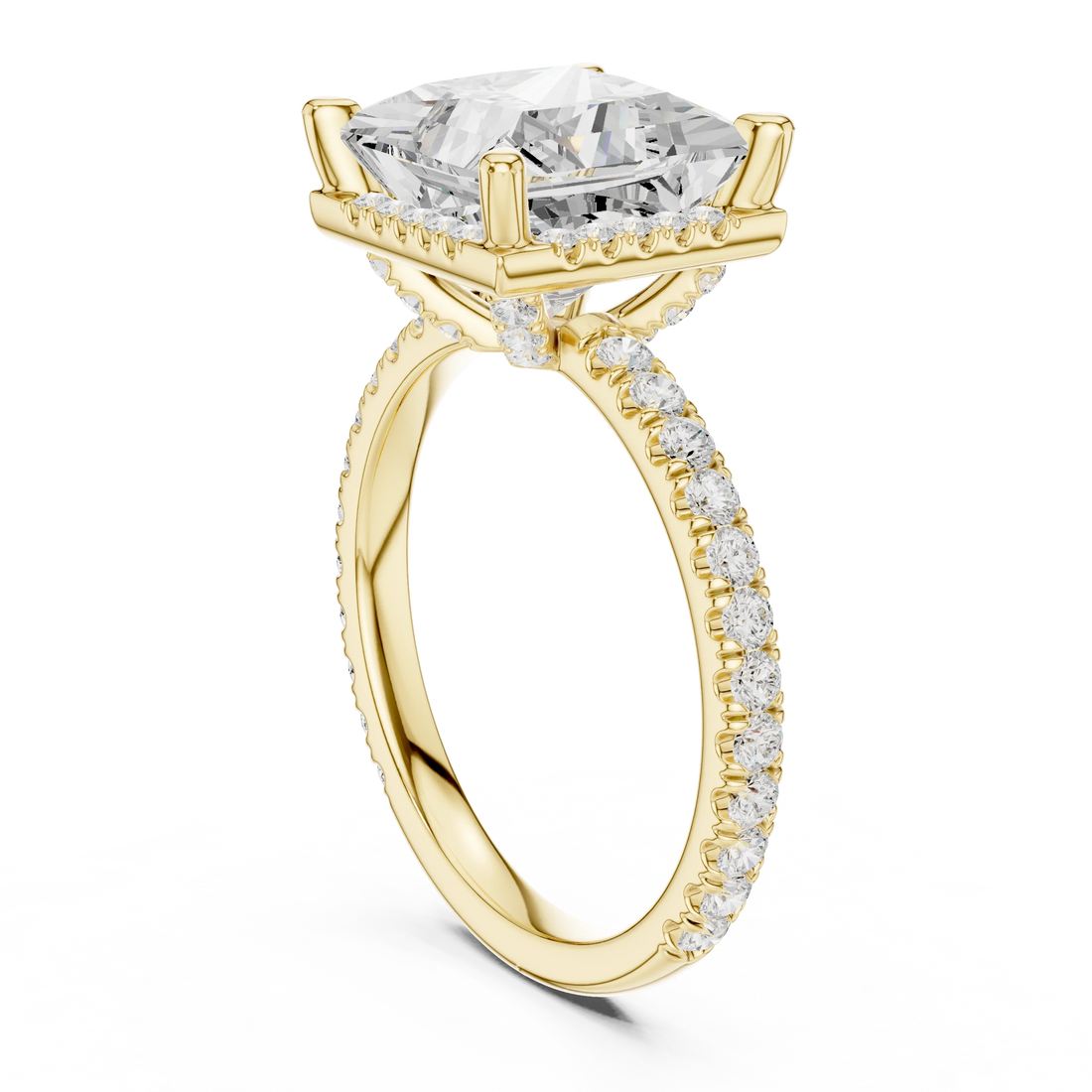 Back view of yellow gold princess cut micro halo ring showing pavé diamond band and halo setting details
