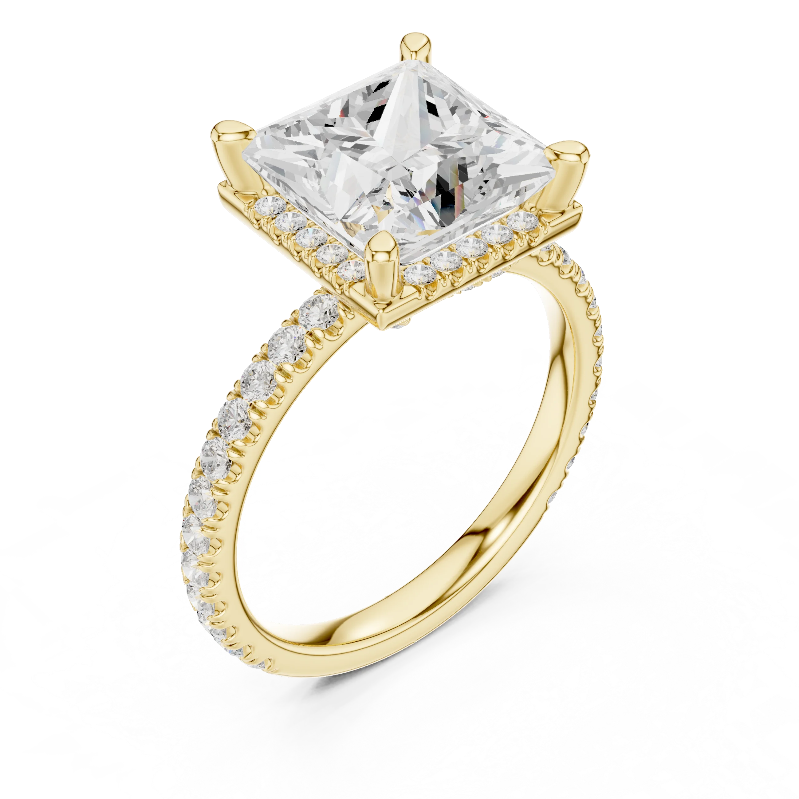 Front view of yellow gold princess cut micro halo ring with pavé diamond band and lab-created diamond