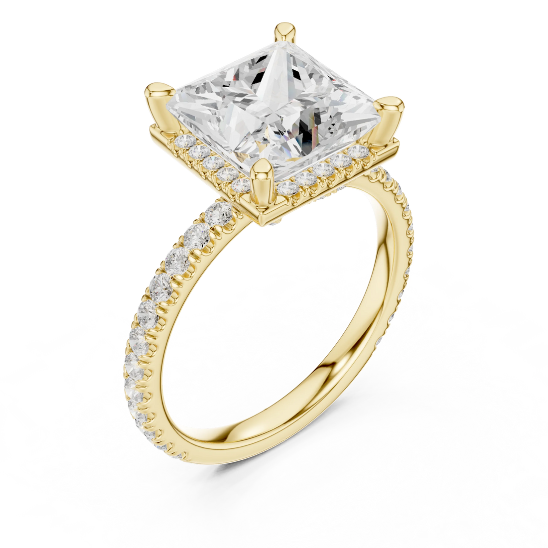 Front view of yellow gold princess cut micro halo ring with pavé diamond band and lab-created diamond
