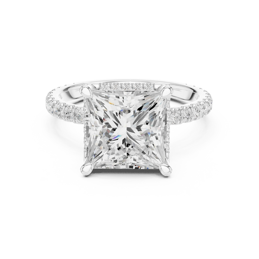 White gold princess cut micro halo ring with pavé diamond band featuring lab-grown diamond, elegant design