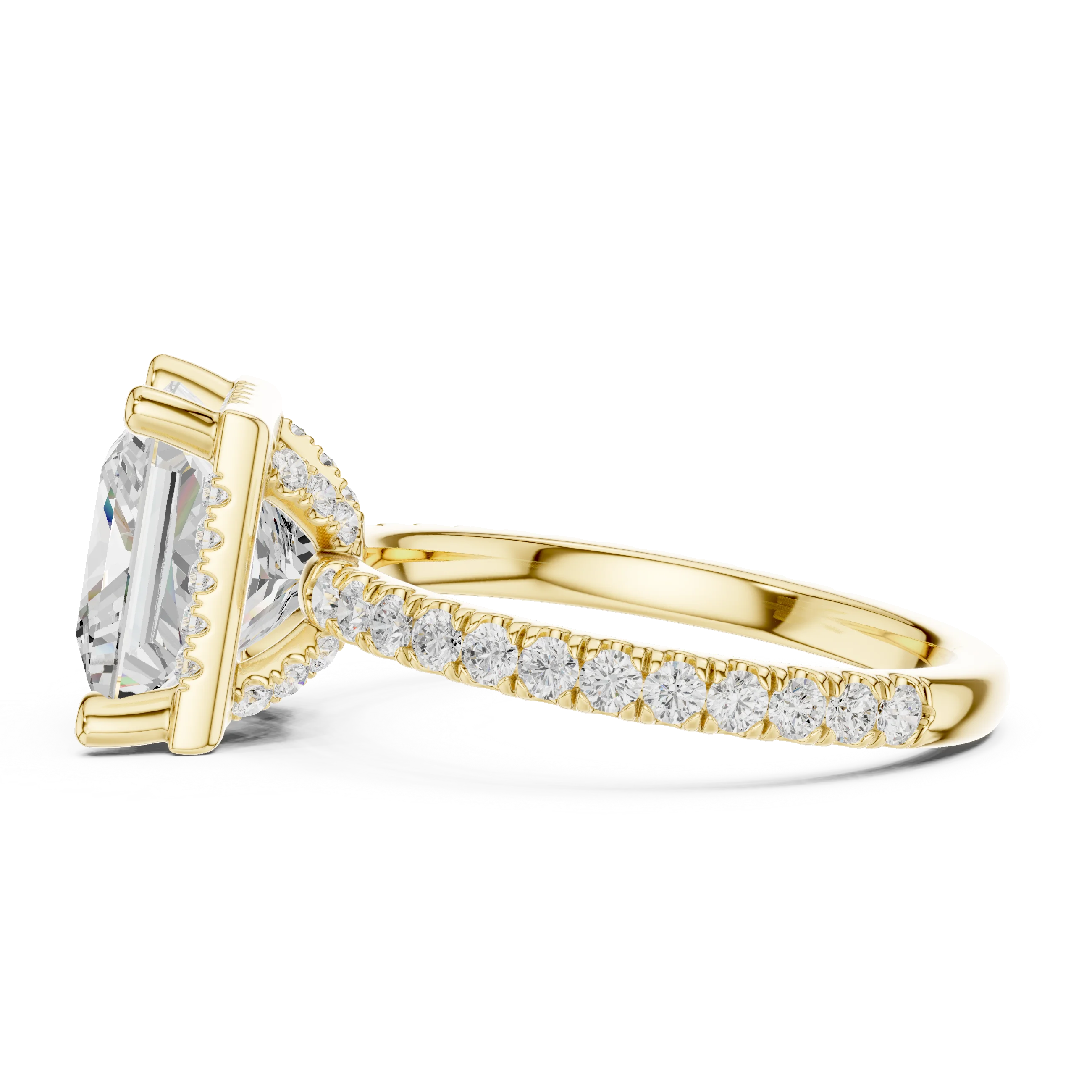 Side view of yellow gold princess cut micro halo ring highlighting pavé diamond band and halo profile