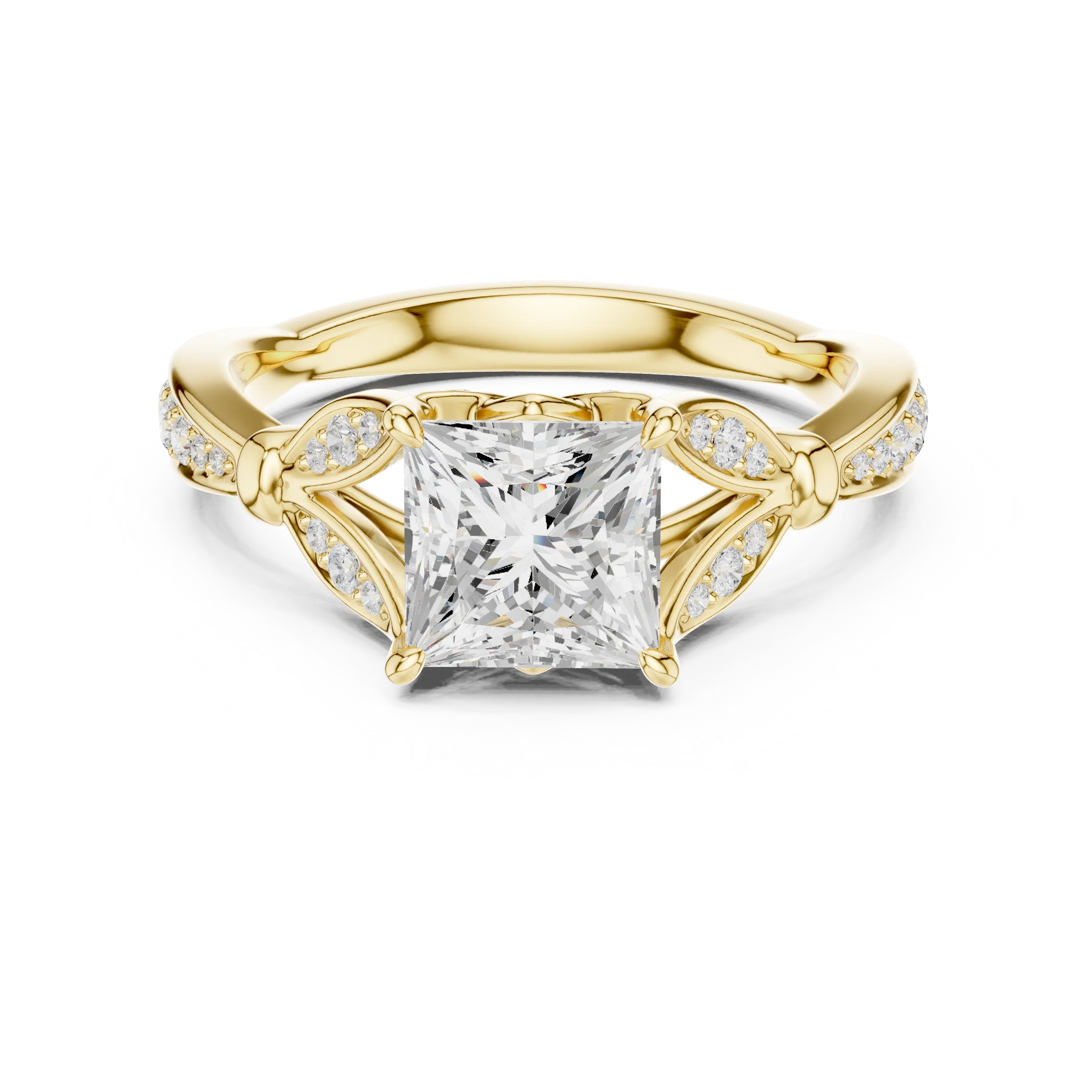Princess solitaire ring in yellow gold with floral milgrain pave band and lab-grown diamond – Australia