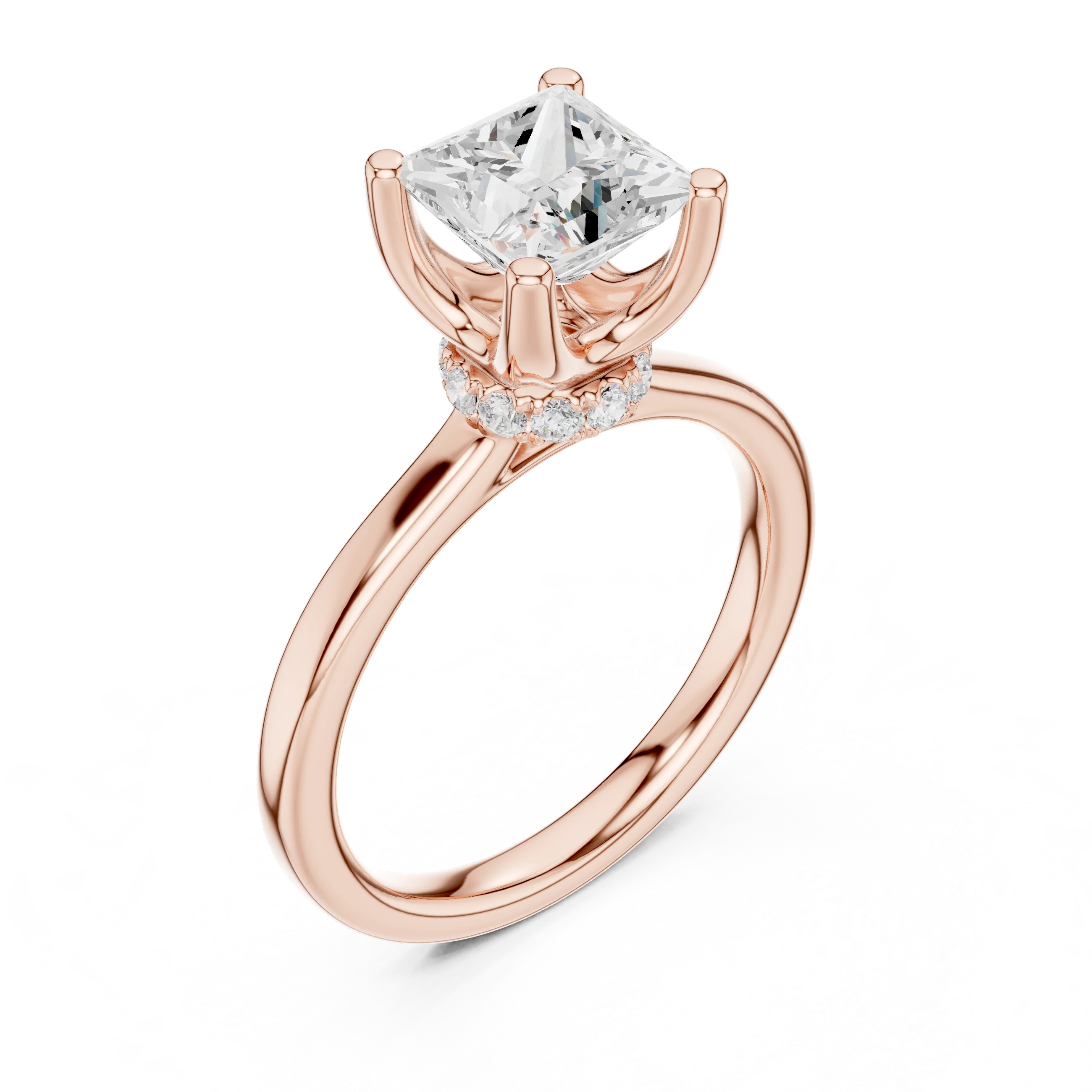 Front view of rose gold princess cut solitaire ring with hidden halo and domed band and lab-created diamond
