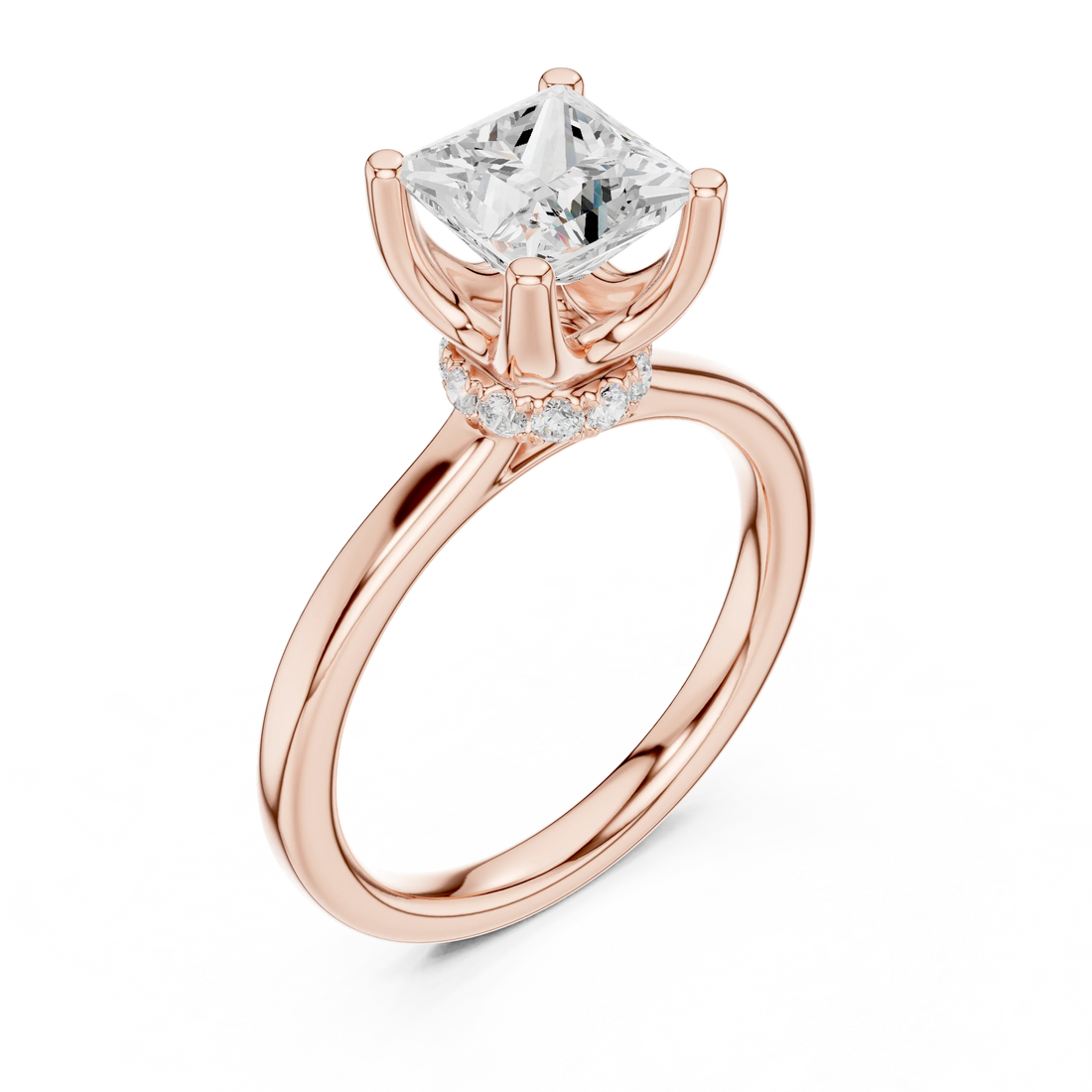 Front view of rose gold princess cut solitaire ring with hidden halo and domed band and lab-created diamond