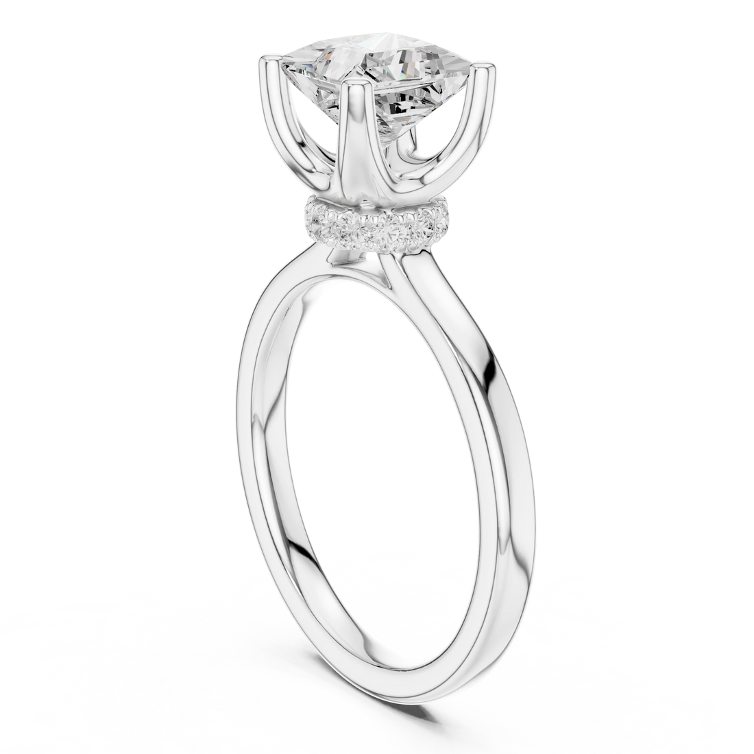 Back view of white gold princess cut solitaire ring showing hidden halo and domed band details