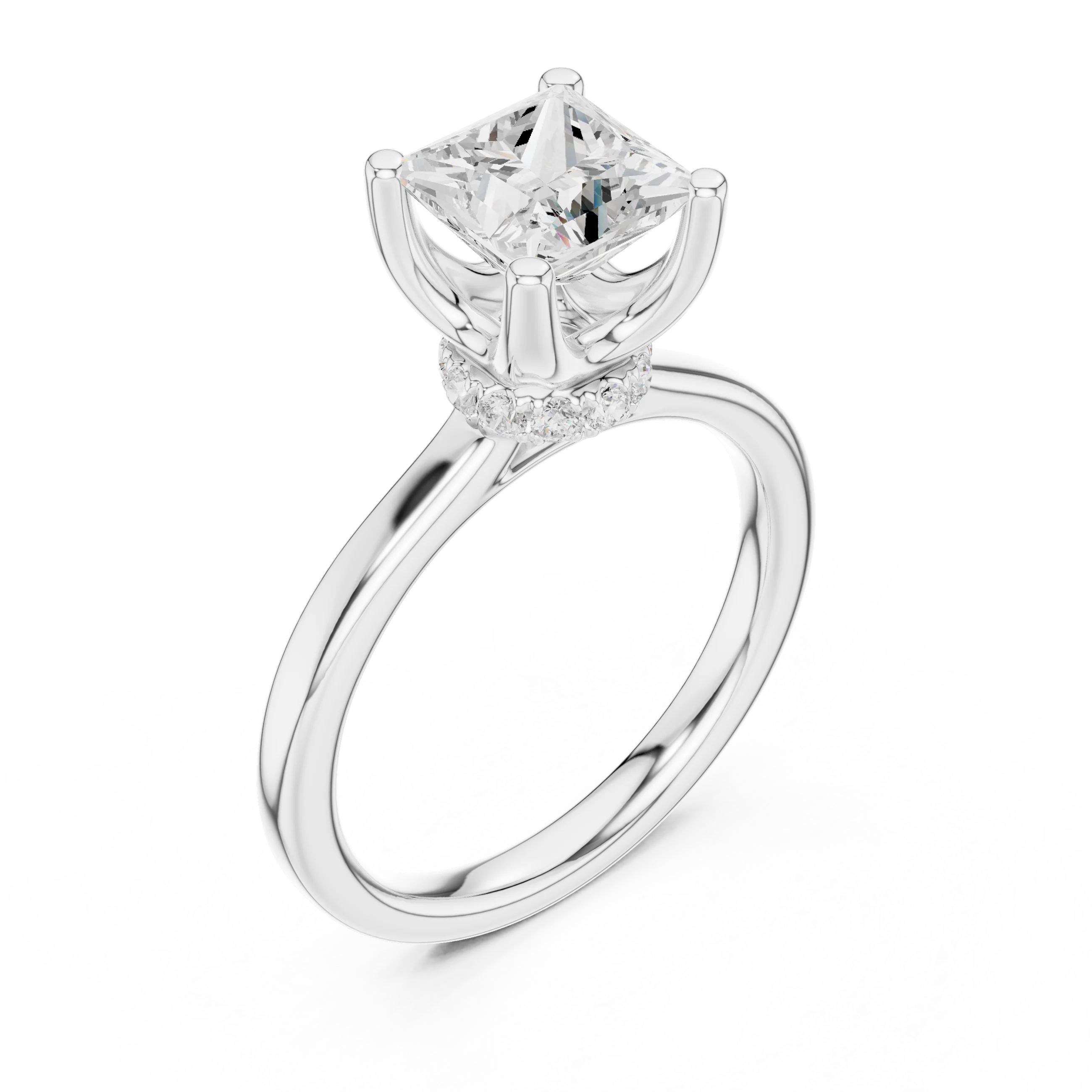 Front view of white gold princess cut solitaire ring with hidden halo and domed band and lab-created diamond