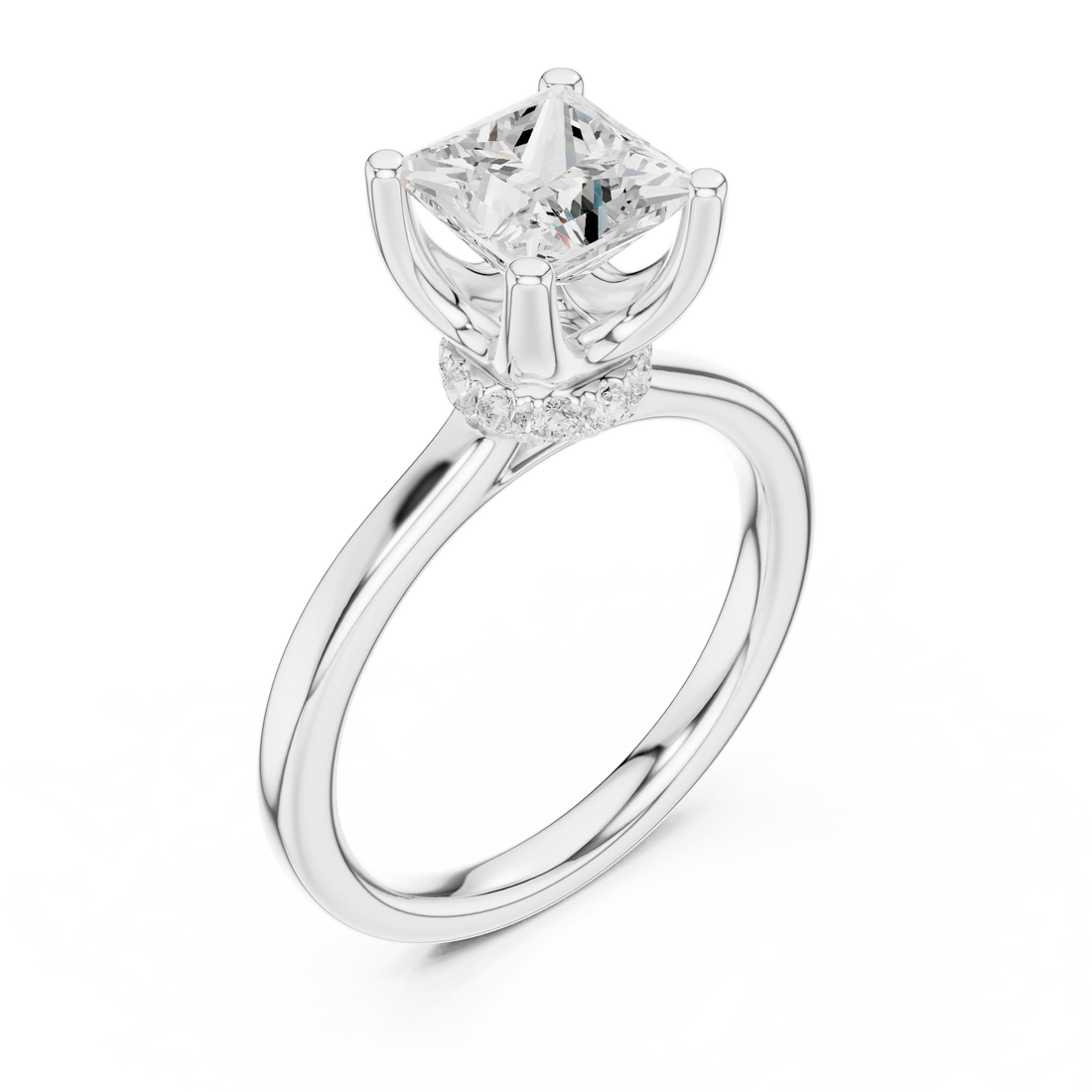 Front view of white gold princess cut solitaire ring with hidden halo and domed band and lab-created diamond