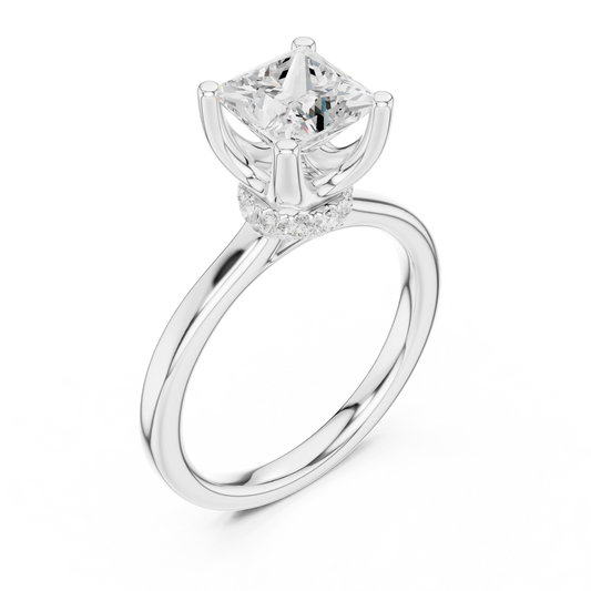 Front view of white gold princess cut solitaire ring with hidden halo and domed band and lab-created diamond