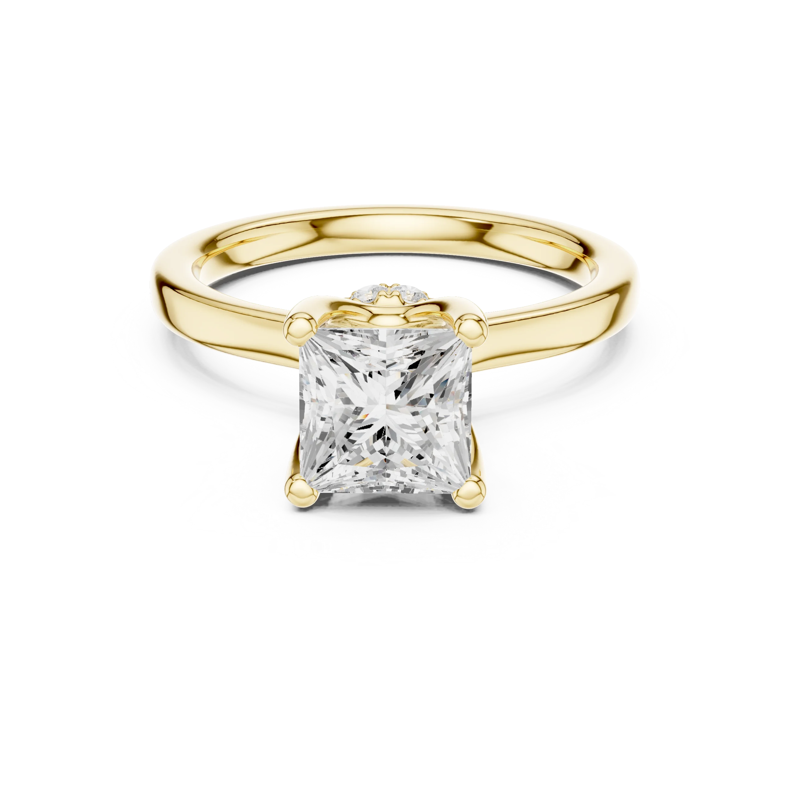 Yellow gold princess cut solitaire ring with hidden halo and domed band featuring lab-grown diamond, classic style
