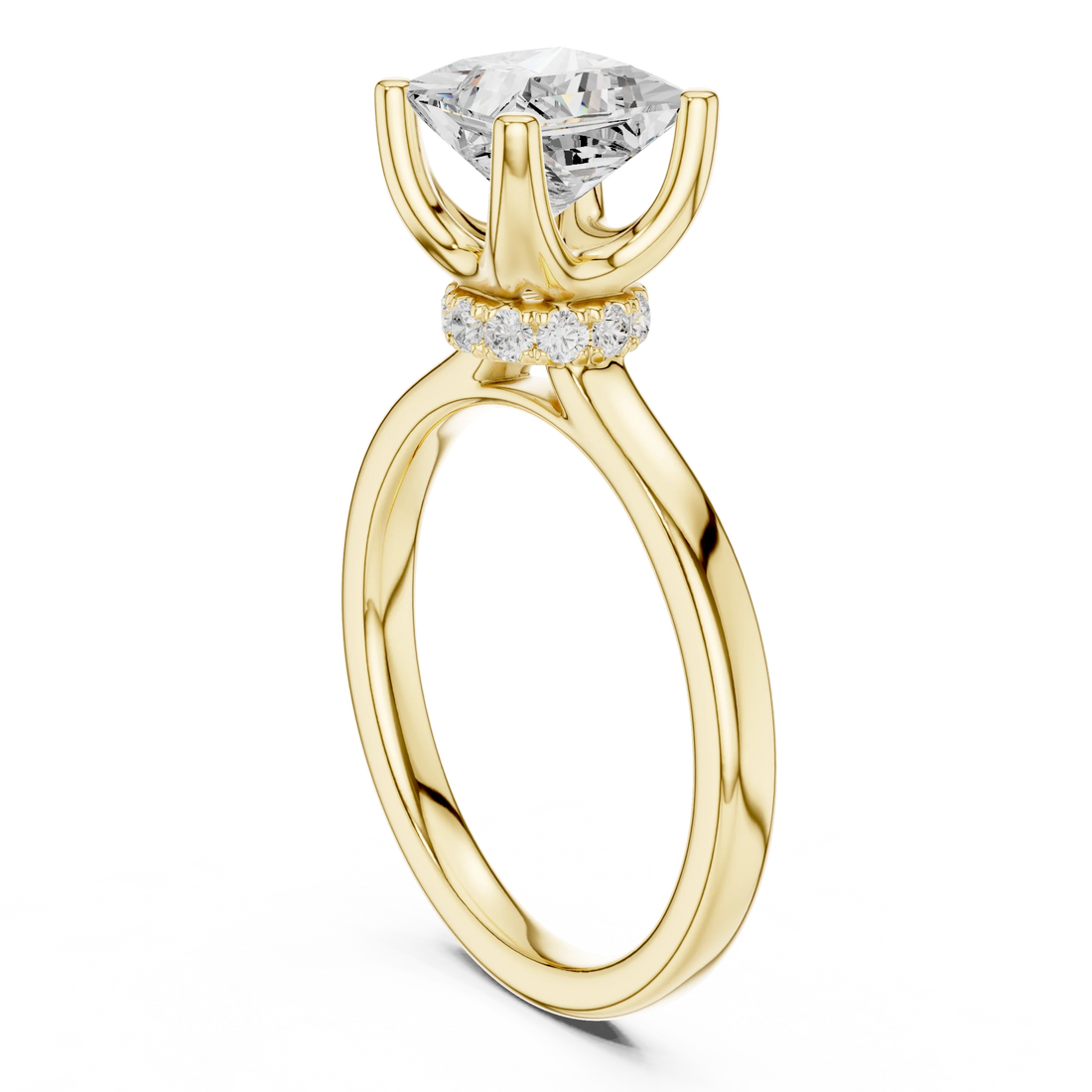 Back view of yellow gold princess cut solitaire ring showing hidden halo and domed band details