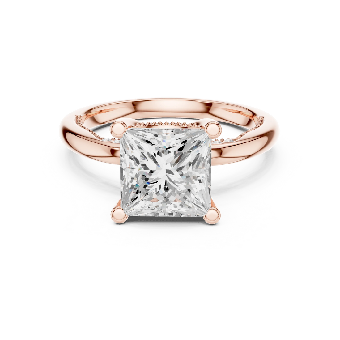 Rose gold princess cut solitaire ring with hidden halo and domed band featuring lab-grown diamond, modern look