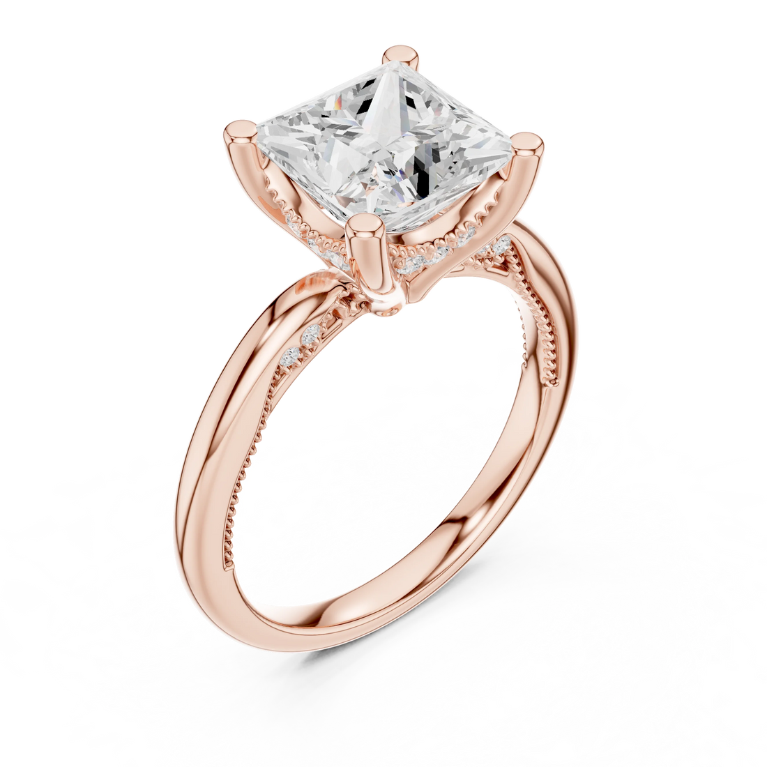 Front view of rose gold princess cut solitaire ring with hidden halo and domed band and lab-created diamond