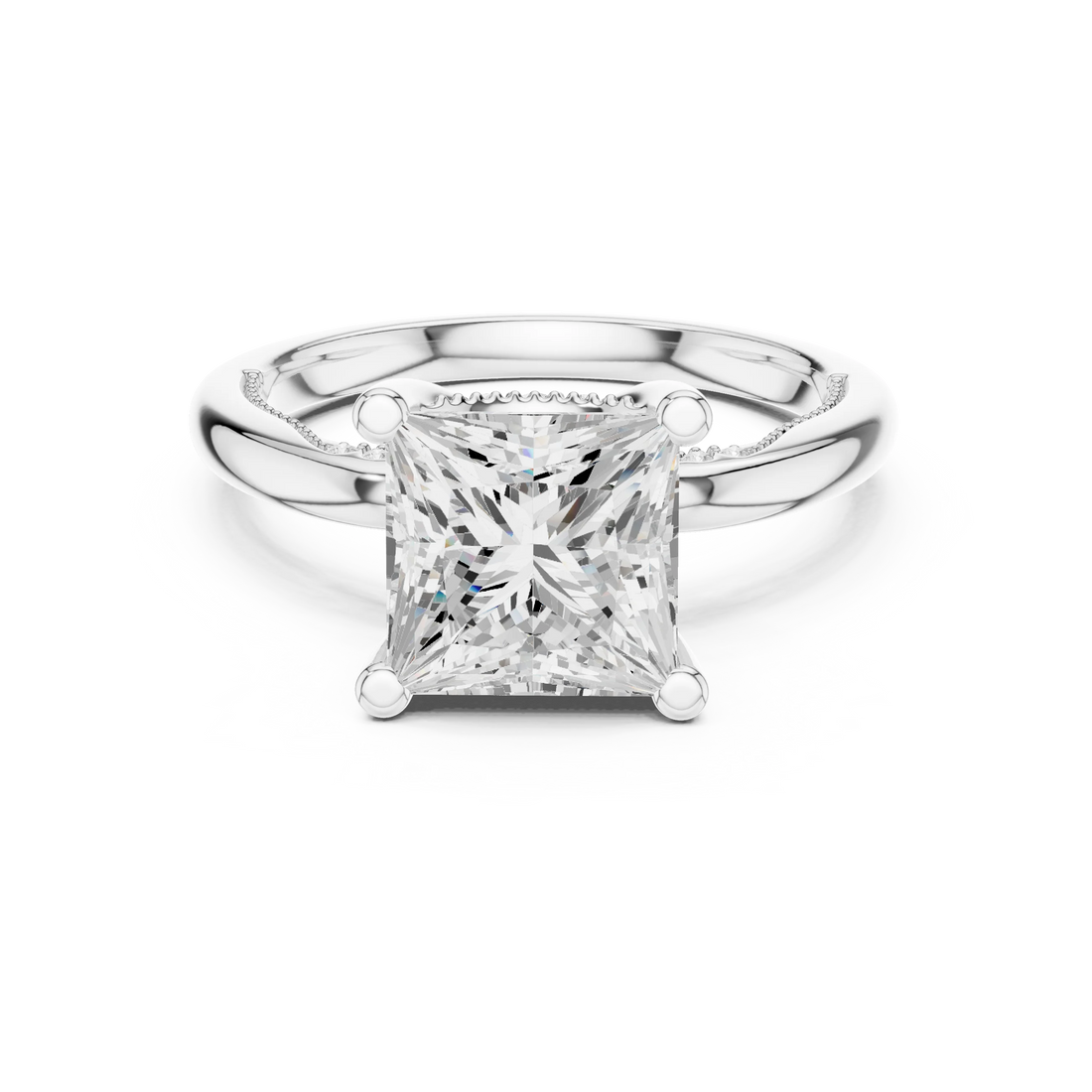 White gold princess cut solitaire ring with hidden halo and domed band featuring lab-grown diamond, elegant design