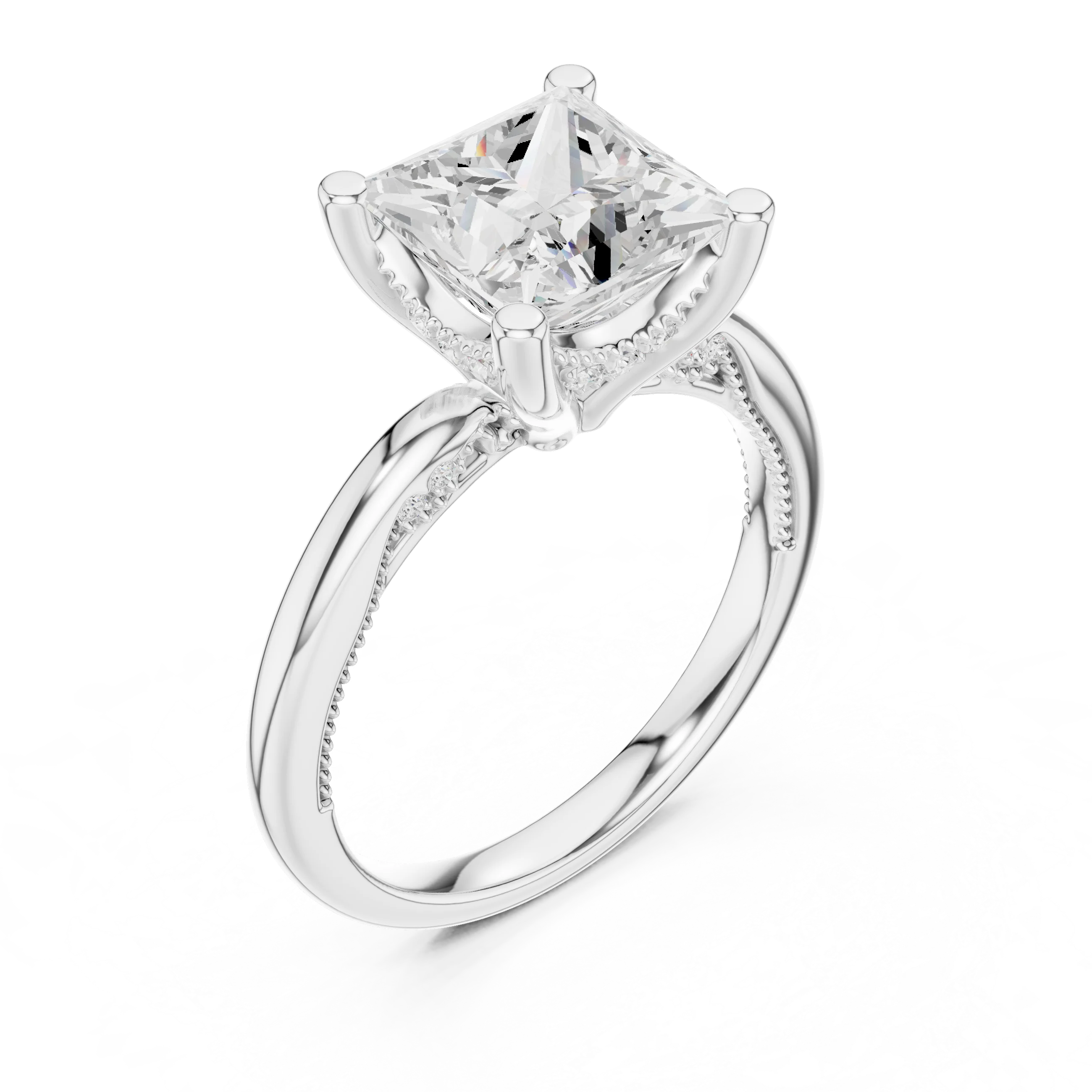 Front view of white gold princess cut solitaire ring with hidden halo and domed band and lab-created diamond