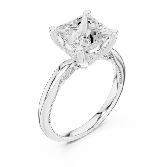 Front view of white gold princess cut solitaire ring with hidden halo and domed band and lab-created diamond