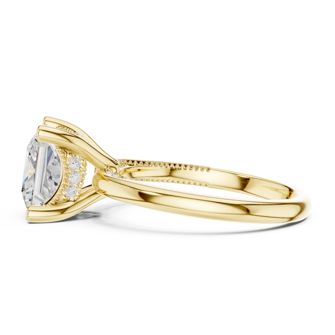 Side view of yellow gold princess cut solitaire ring highlighting hidden halo and domed band design