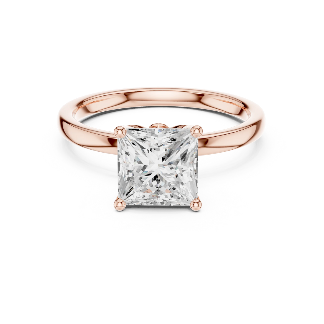 Lab-grown princess cut solitaire ring in rose gold with plain domed band