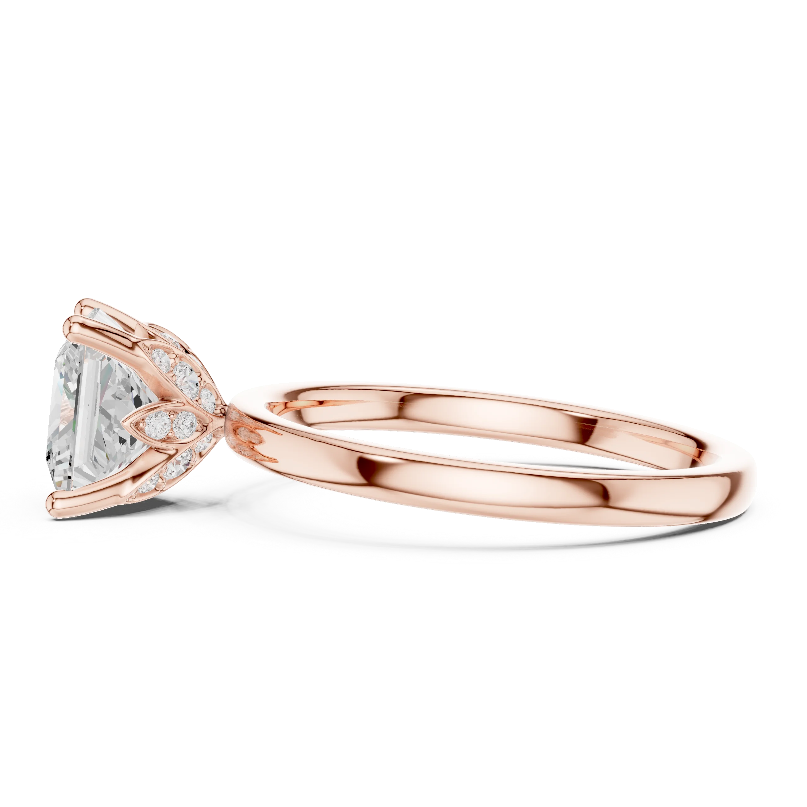 Side profile of rose gold princess cut solitaire ring with domed band and elevated center stone