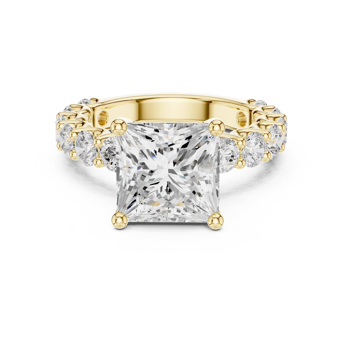 Lab-grown princess cut solitaire ring in yellow gold with shared prong large stone band