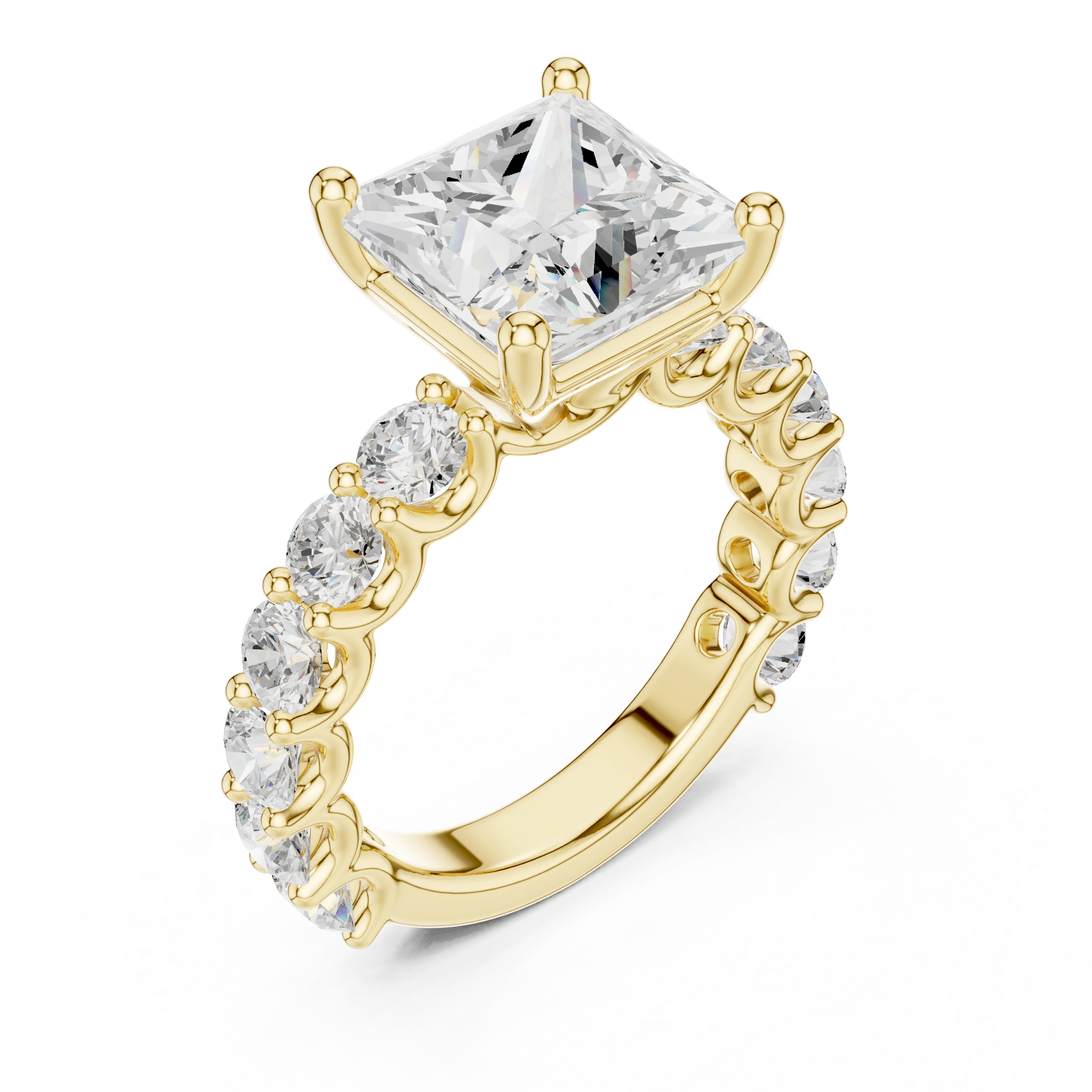 Front view of yellow gold princess cut solitaire ring with shared prong large stone band and center gemstone