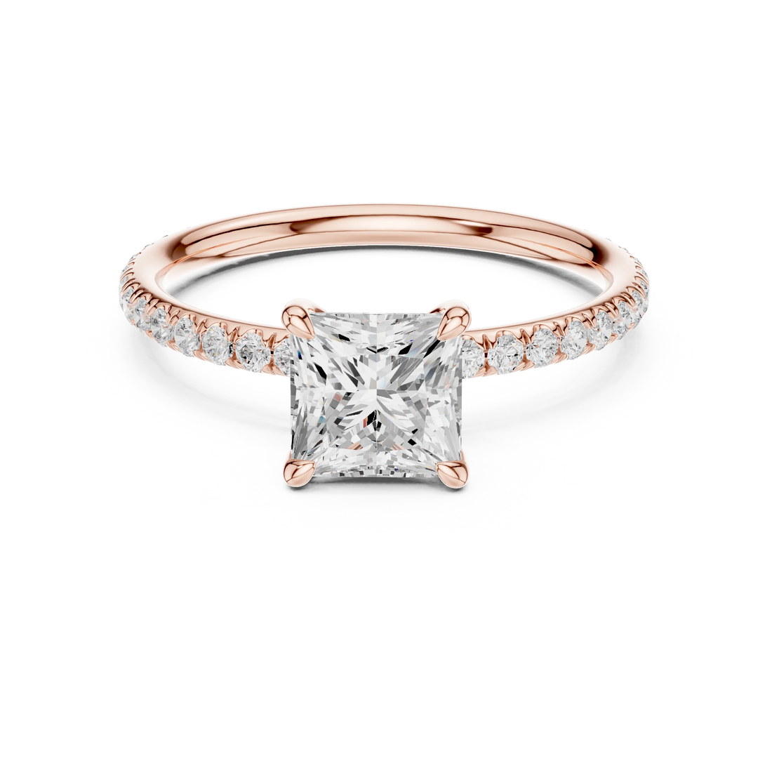 Lab-grown princess cut solitaire ring in rose gold with thin pavé diamond band