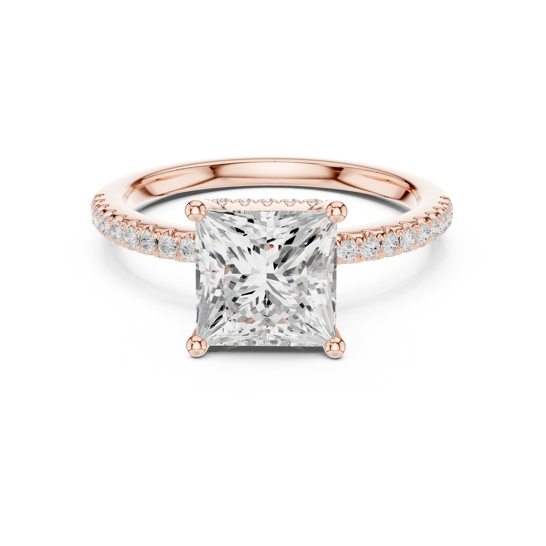 Princess solitaire ring in rose gold with thin pave band and lab-grown diamond – Australia