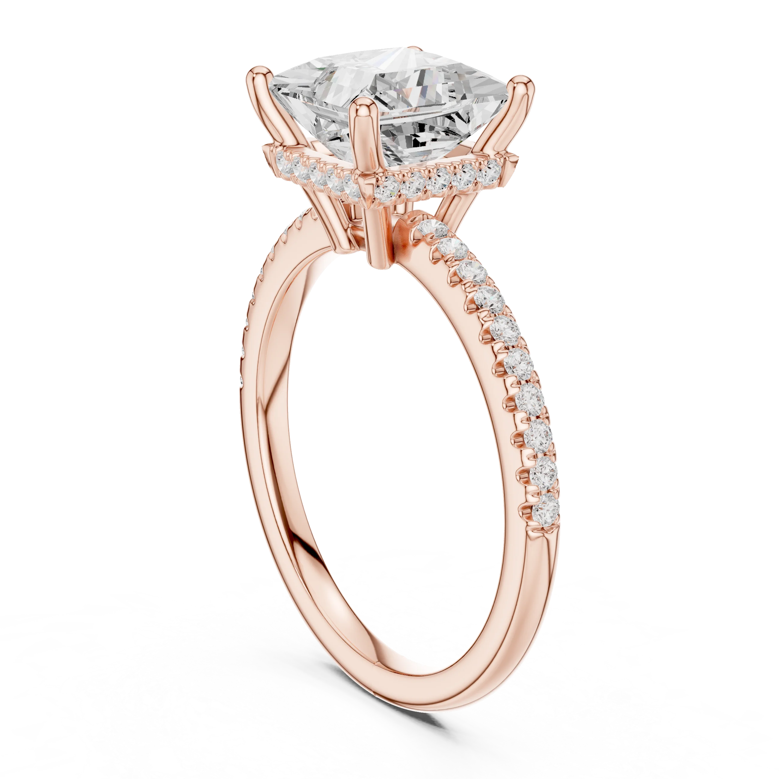 Back side view of rose gold princess solitaire ring with thin pave band and lab-grown diamond – Australia