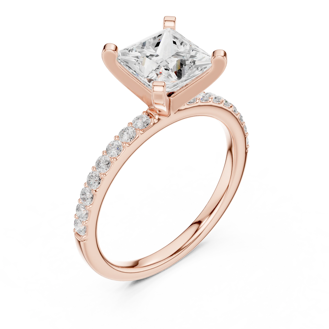 Front view of rose gold princess solitaire ring with thin pavé band and center diamond