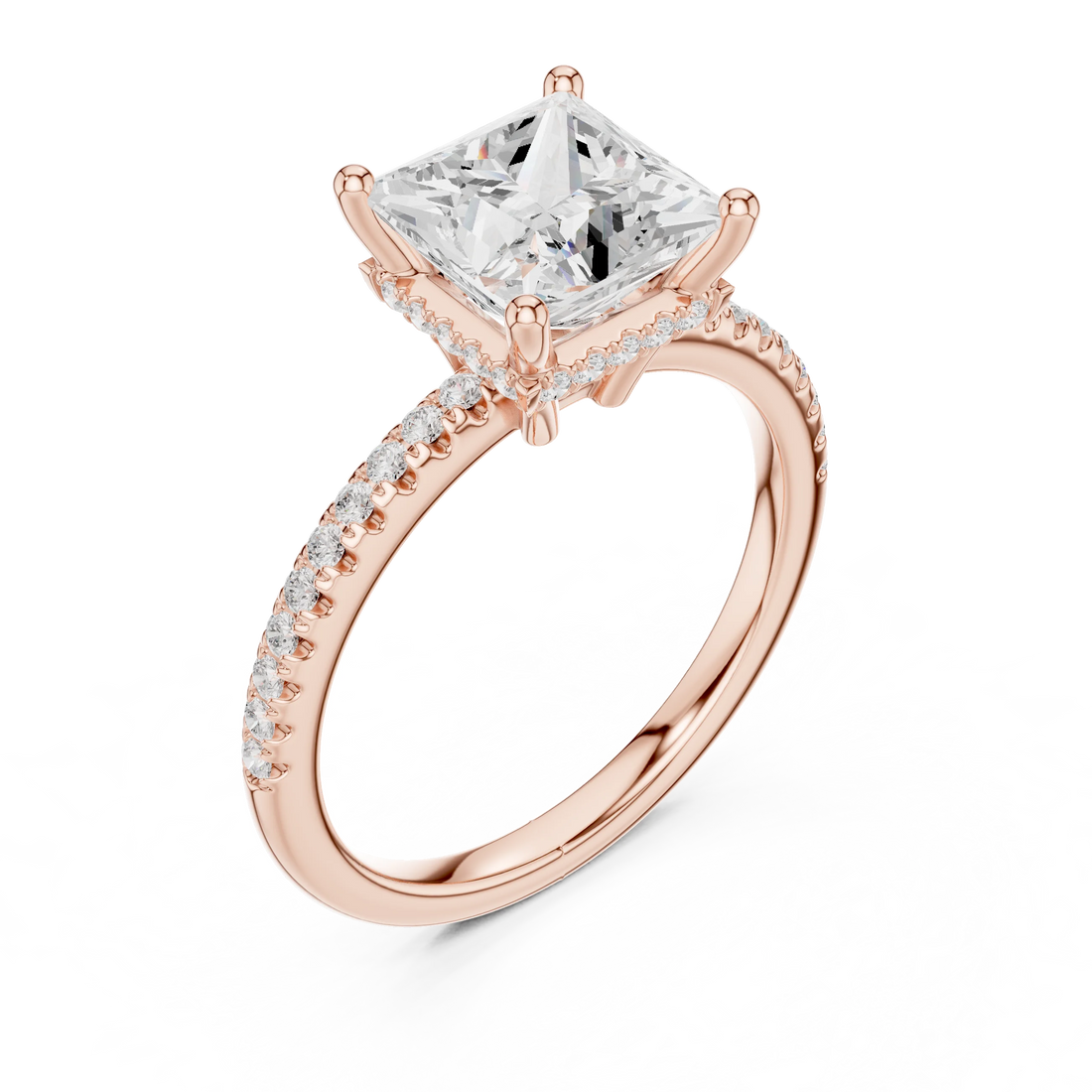 Front view of rose gold princess solitaire ring with thin pave band and lab-grown diamond – Australia