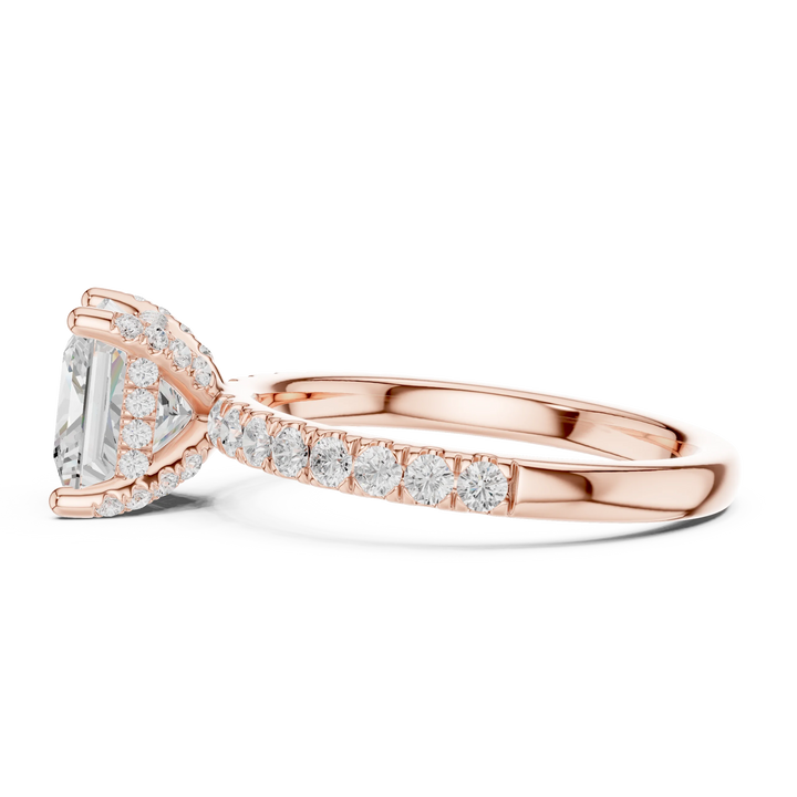 Side view of rose gold princess solitaire ring with thin pave band and lab-grown diamond – Australia