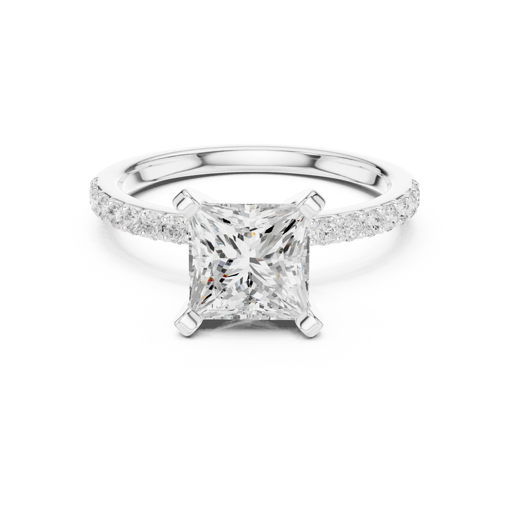 Lab-grown princess solitaire diamond ring in white gold with thin pavé band