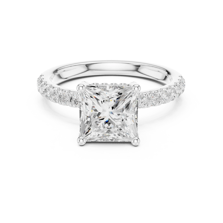 Princess solitaire ring in white gold with thin pave band and lab-grown diamond – Australia