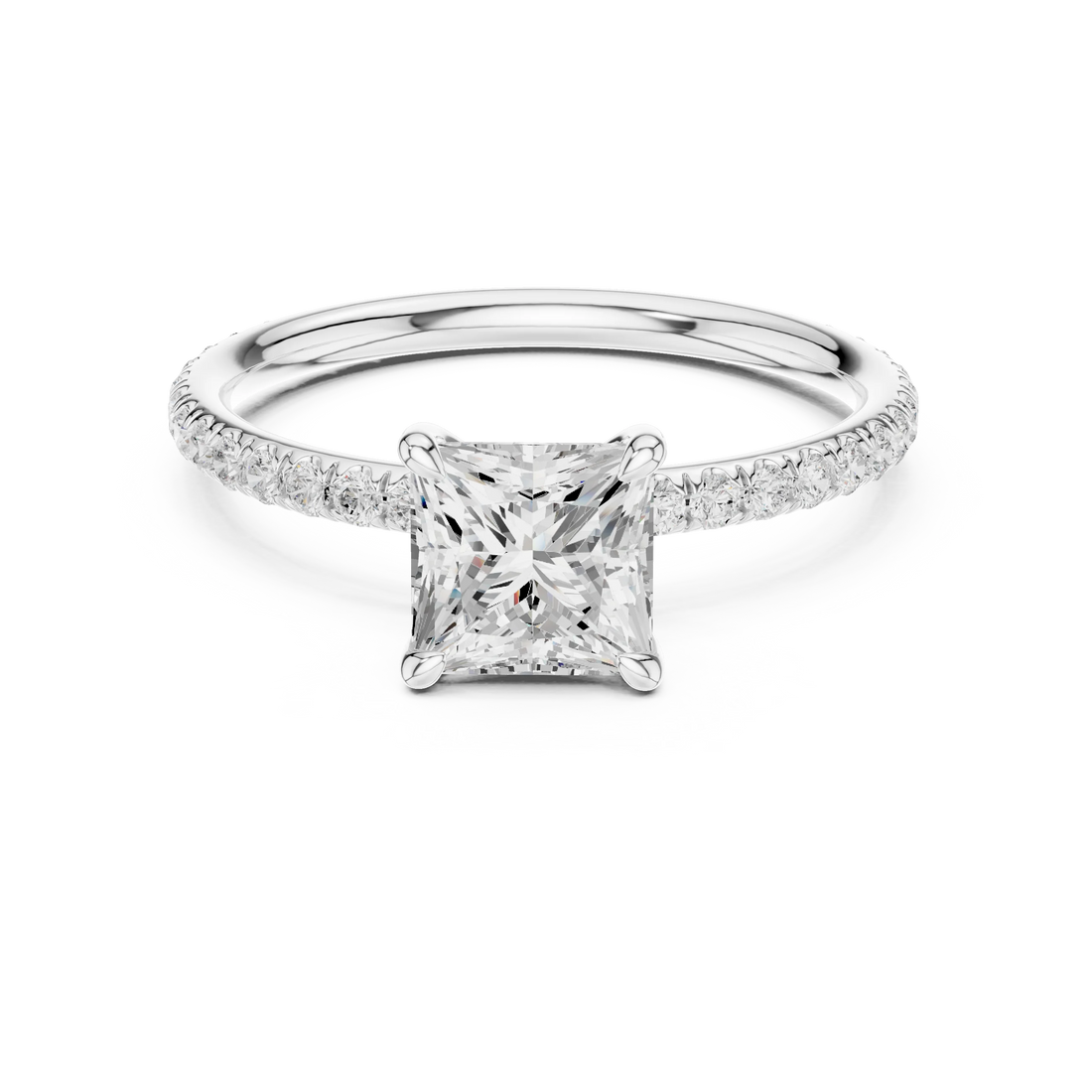 Lab-grown princess cut solitaire ring in white gold with thin pavé diamond band