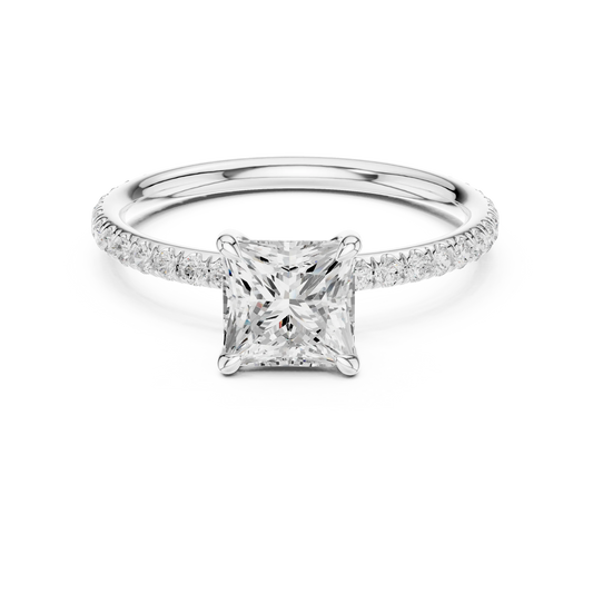 Lab-grown princess cut solitaire ring in white gold with thin pavé diamond band